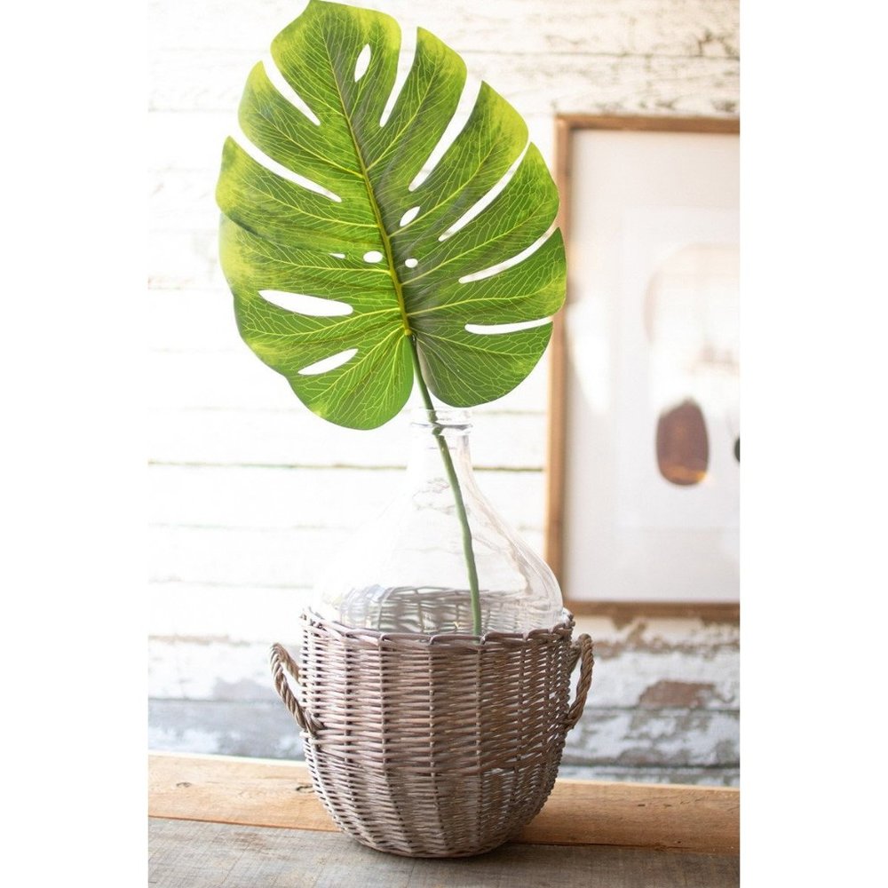Green Glass Damigiana with wicker wrap